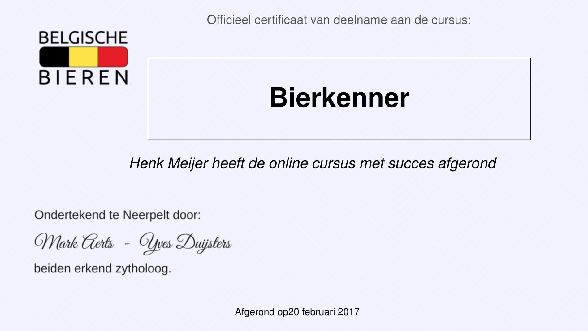 Certificaat cursus Bierkenner van Henk Meijer